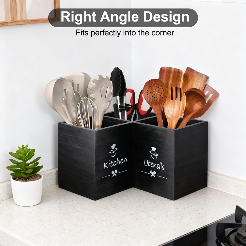 Wooden Kitchen Utensils Holder with 3 Compartments, Large Wooden Large