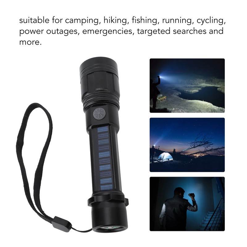 LED Flashlight Zoomable 3 Light Modes USB Or Solar Charge