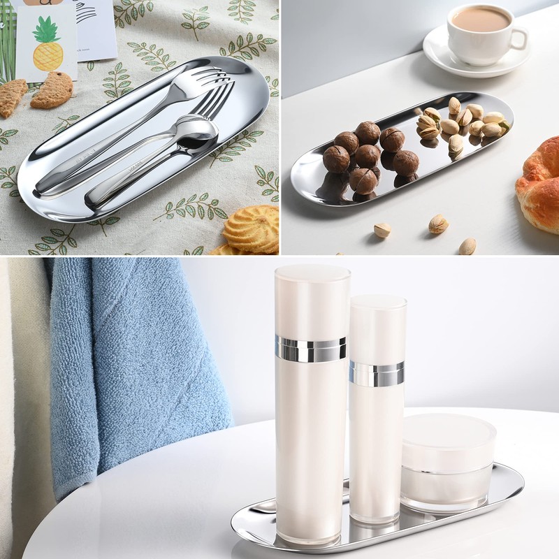 Bidponds Silver Oval Vanity Tray, Stainless Steel Bathroom Tray