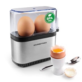 GOURMETmaxx Design Egg Cooker for 2 Eggs, Compact Egg Boiler, Egg Cooker with Egg Cutter, Measuring Cup and Beep, 3 Hardness Levels, Easy to Clean and Dishwasher Safe Parts