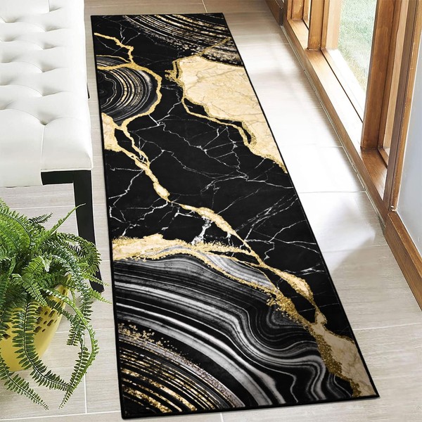 ASPMIZ Black and Gold Runner Rug 2x7, Marble Runners for