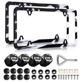 LIN KANG Black American Flag License Plate Frames - 2 Pack Patriotic Aluminum Metal Rust-Proof US Flag Car Decorative Tag Plate Frame Holder Covers with 4 Fluttering Flag Tire Valve Caps and Screws