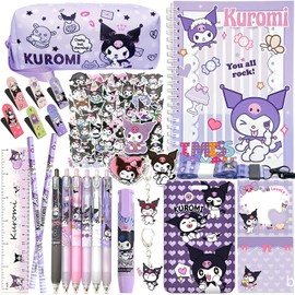 Kuromi School Supplies Set, Kawaii Cute Stationery Gift Set Including A5 Notebook, Pencil, Pen Case, Stickers, ID Badge Holder, Ruler, Eraser, Perfect Easter Birthday School Season Gifts for Kids