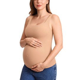 MOMANDA Inbarely Maternity Tank Top Square Neck Workout Tops with Built in Bra Pregnancy Sleeveless Yoga Maternity Clothes Desert Skin Large