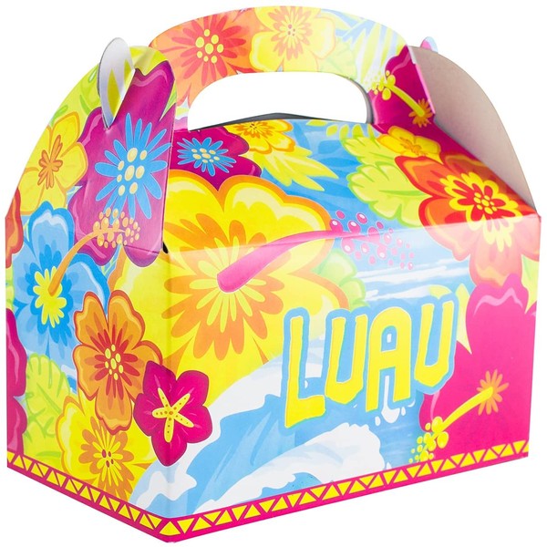 Super Z Outlet Colorful Luau Hawaii Island Tropical Treat Gift Paper Cardboard Boxes with Handles for Crafts, Candy Goodie Bags, Picnic Snacks, Birthday Party Favor, Baby Shower (12 Pack)