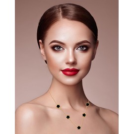 JIEMUCHU Gold Plated Stainless Steel Four Leaf Clover Necklace Jewelry for Women (Black-Gold Plated)