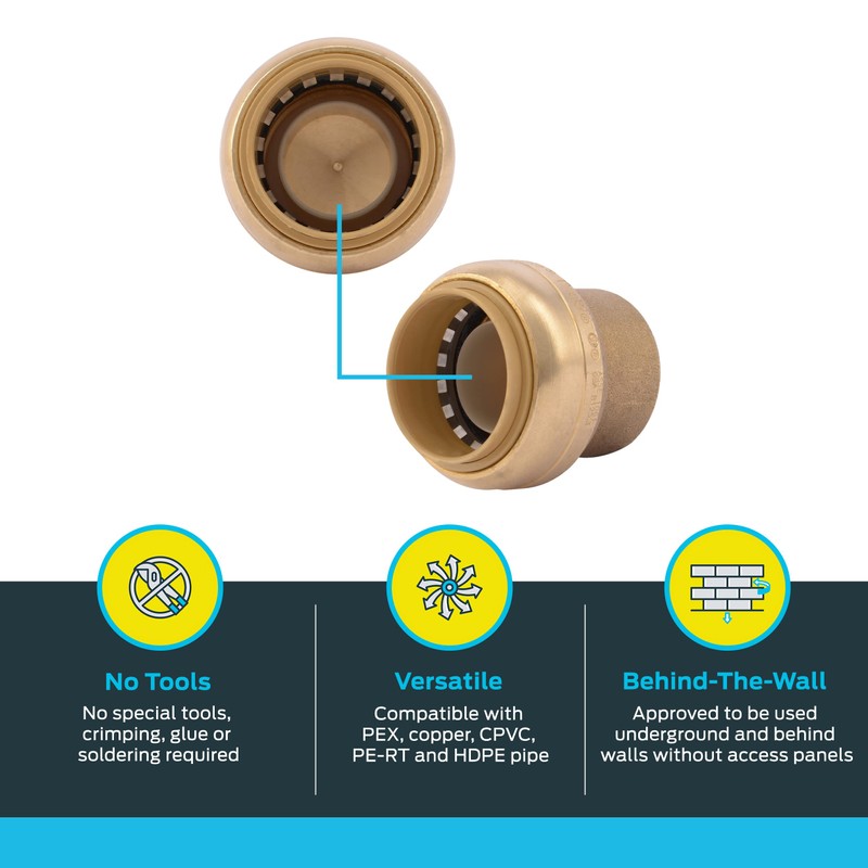 SharkBite 1 Inch Push Cap, Push to Connect Brass Plumbing