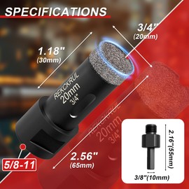 REKCKRUL 3/4 Inch Dry Diamond Core Drill Bits, 20mm Vacuum Brazed Diamond Hole Saw for Porcelain, Ceramic, Granite, Brick, Concrete - 5/8-11 Thread & 3/8" Hex Adapter
