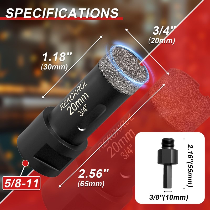 REKCKRUL 3/4 Inch Dry Diamond Core Drill Bits, 20mm Vacuum