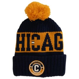 Chicago City Name Three Stripe Circular Patch Pom Beanie Winter Hat (Dark Blue/Orange)