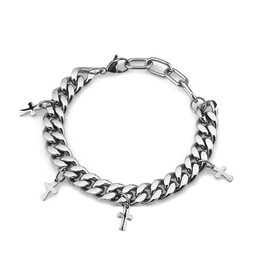 SIRLOMU Men's Cross Bracelet Stainless Steel Curb Chain Bracelet Men Heavy Cuban Cross Chain Bracelet Hip Hop Rapper Fashion Jewelry (10mm Width/16+5cm Length)