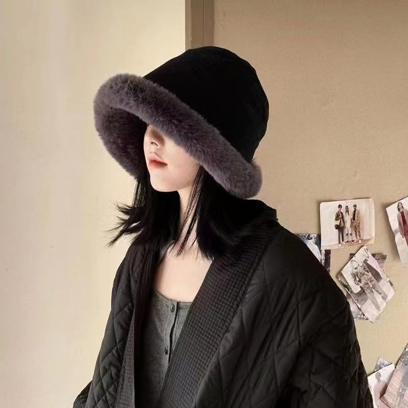 88flix Women's Bucket Hat, Fluffy, Korean, Small Face, Cold Protection,