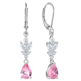 YL Wedding Dangle Earrings for Brides Bridesmaid 925 Sterling Silver Created Pink Tourmaline Long Leaf Bridal Earrings Rose Gold Jewelry for Women Prom