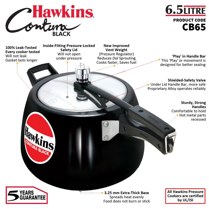 Hawkins 6.5 Litre Contura Black Pressure Cooker, Hard Anodised Inner
