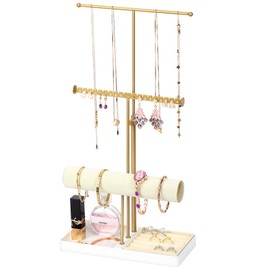 Kukikan Jewelry Organizer Stand with Velvet Bracelet Holder, 3 Tier Sturdy Hangers for Necklaces, Watches, Rings, Earrings, Adjustable Tall 17.1" (Max), Gold Metal Jewelry Tower Gift for Women