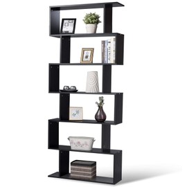 Tangkula 6 Shelf Bookcase, Modern S-Shaped Z-Shelf Style Bookshelf, Multifunctional Wooden Storage Display Stand Shelf for Living Room, Home Office, Bedroom, Bookcase Storage Shelf (Black)
