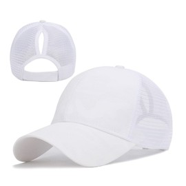 Mesh Baseball Cap for Women High Bun Ponytail Hat Camouflage Cap Trucker Hats Cotton Washed Sun Hat with Ponytail Hole (White)