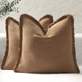 ROMANDECO Boho Decorative Throw Pillow Covers with Fringe for Couch, Living Room, Bed Set of 2, 18x18 Inches, Pale Brown