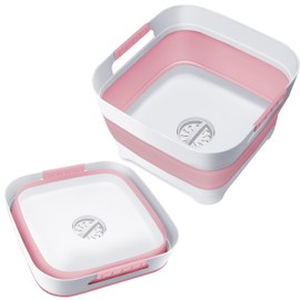 Goderewild 2024 Upgraded 2.4 Gal (9L) Collapsible Dish Basin with Drain Plug, Space Saving Multiuse Foldable Sink Tub, Dishpan, Beverage Tubs for Camping, Vegetable Washing, RV (Pink)