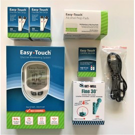 EasyTouch Meter Kit, 100 Test Strips, Lancing Device, Hi/Lo Control Solutions, Logbook, Case, 100 Prepads & USB Computer Cable & 100 GET•WELL Fine 30g Universal Twist Lancets - Made in Canada !