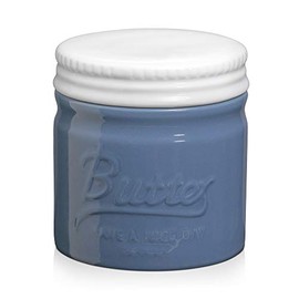 DOWAN Porcelain Butter Keeper Crock, French Butter Dish with Lid, Embossed Butter Container for Soft Butter, Big Capacity & Humanized Water Line, Airy Blue