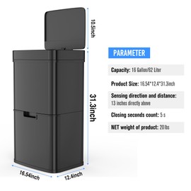 Ufurpie 16 Gallon Double Layer Trash Can with Automatic Lid, Double Compartment Bin Inner Buckets, Touchless Smart Sensor Stainless Steel Thickened Garbage Can, Waste Bin for Home, Kitchen, Office