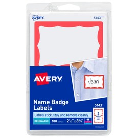 Avery Customizable Name Tags, 2-1/3" x 3-3/8", White with Red Border, 100 Removable Name Badges (05143)