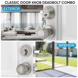 TICONN Round Door Knobs, Ball Door Knob with Dead Bolt, Door Handle Lock for Indoor Doors (1-Pack, Deadbolt with Passage Knob, Matte Black)