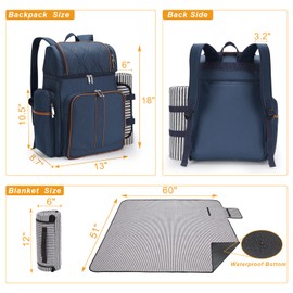 Picnic Backpack for 4,Picnic Basket Set,Leakproof Picnic Bag,Beach Cooler Backpack with Insulated Cooler Wine Pouch,Picnic Blanket, Double Deck Picnic Backpack for Beach,Camping,Park(Navy Blue)
