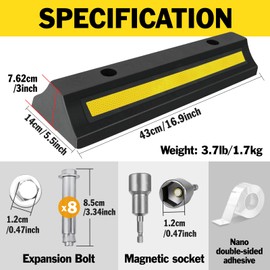 Pack of 4 Garage Parking Aid, 16.9'' Parking Stopper for Garage, Heavy Duty Rubber Garage Car Stopper with Reflective Yellow Tape Curb, Parking Gadgets Protects Garage Walls and Car