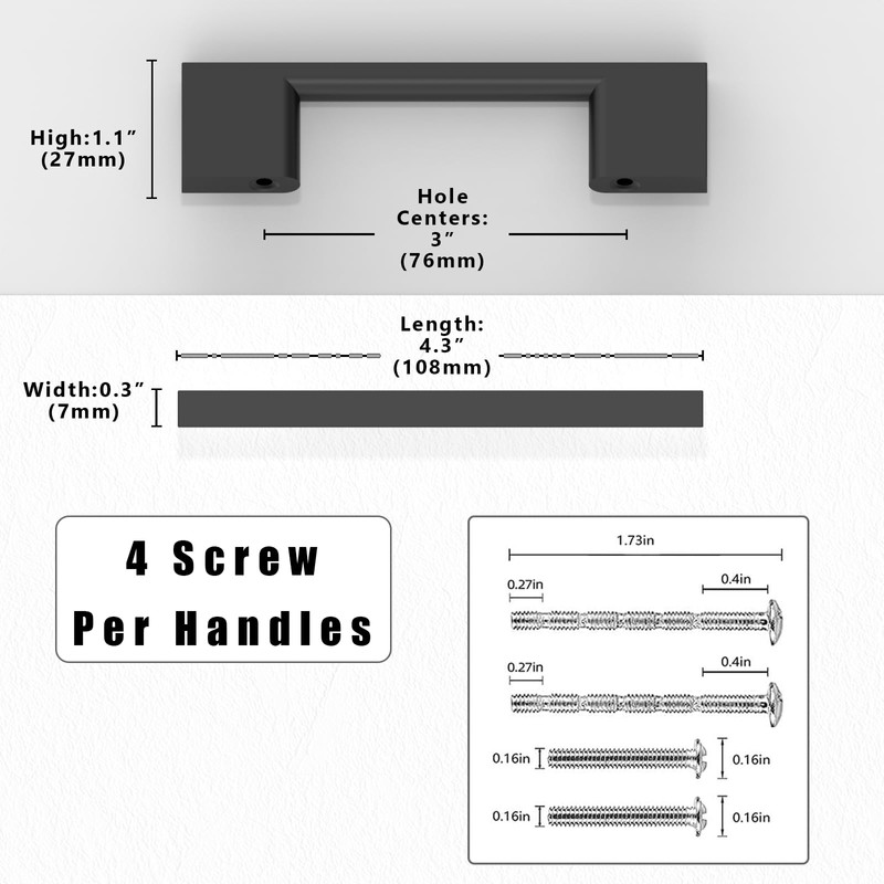 Asimerdeco AR003 10 Pack Matte Black Cabinet Pulls 3 Inch(76mm)