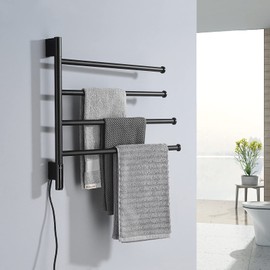 TRUSTMI Swivel Towel Warmer Rack with Built-in Timer with LED Indicator 4 Arm Swing Bathroom Hardware Wall Mounted Plug-in Electric Towel Heated Rack, 1h-24h, 80W, Matte Black