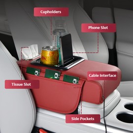 TNDCKP Armrest Box Pad for Car w/Type-C Charging Interface, Car Center Console Cover w/Cup Holder, Interior Car Accessories (Black-Red)