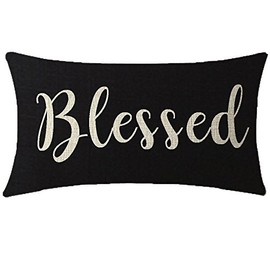 Nice Gift Inspirational Blessed Letters Words Waist Lumbar Black Cotton Linen Throw pillow case Cushion cover for Sofa home decorative Oblong 12x20 Inches