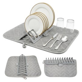 Microfiber Dish Drying Mat with Removable Plate Rack Organizer 18"x14" Absorbent Counter Mat & Drying Pad for Dishes, Utensils, Pots, Pans Sink Liner & Kitchen Counter Protector Grey