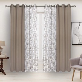 BONZER Mix and Match Curtains - 2 Pieces Branch Print Sheer Curtains and 2 Pieces Blackout Curtains for Bedroom Living Room Grommet Window Drapes, 37x95 Inch/Panel, Taupe, Set of 4 Panels
