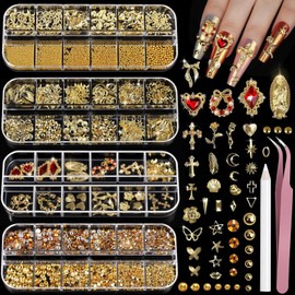 3D Gold Nail Charms & Nail Gems Kit - Over 3000Pcs Gold Nail Art Supplies, Rhinestones, Pearls, Flower, Bow, Cross, Shell Charms for Nail Art Design & Accessories with Nail Art Tools (Tweezers,