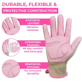 HANDLANDY Gardening Gloves for Women, Breathable Ladies Leather Garden Yard Gloves Best Gift for Gardeners (Pink-khaki, Medium (Pack of 1))