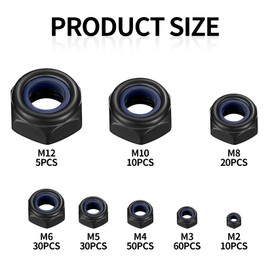 215 Pcs Nylock Nuts, Self Locking Nuts, Nylon Insert Lock Nuts, Carbon Steel Black Hex Nuts, Thread Hexagon Nuts with Nylon Inserts for Bolts Screws Components, M2 M3 M4 M5 M6 M8 M10 M12 (Black)