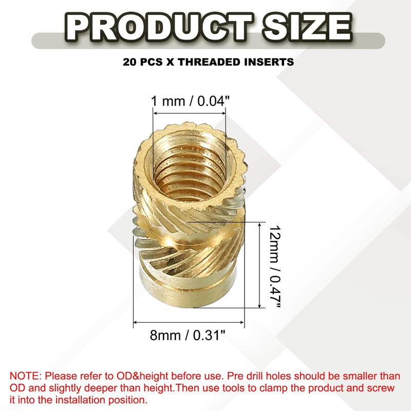PATIKIL Threaded Inserts M6x12x8mm, 20 Pcs Brass Heat Set Insert