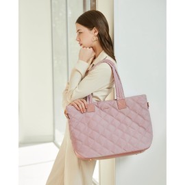 Prite Tote Bag for Women Lightweight Puffer Tote with Compartment Quilted Work Bag(Pink)