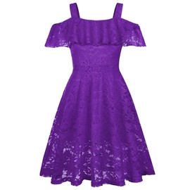 Girls Floral Lace Dress Off Shoulder Flutter Sleeve Bridesmaid Vintage Formal Cocktail Party Swallowtail Swing Cassual Dresses 7-14 Years(Purple,12/13)