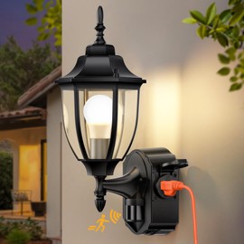 OYKYOHEI Porch Lights with Outlet, Motion Sensor Outdoor Lights, Updated Dusk to Dawn Exterior Lighting Fixtures, Waterproof Anti-Rust Aluminum Outside Light for House Entryway Garage, Black