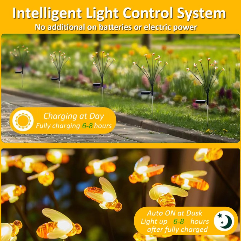 2 Sets Solar Garden Bee Lights IP65 Waterproof 8LEDs Solar