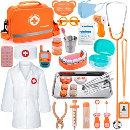 Kids Dentist Play Set, Wooden Doctor Kit for Toddlers 3-5 with Real Stethoscope, Removable Teeth, Braces & Storage Bag, Pretend Play Dental Playset Medical Kits Toys Gifts for 3 4 Year Old Girls