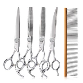 Momotou Polished Dog Grooming Scissors Set with Simulation Diamond 440C Stainless Steel Thinner Curved Straight Chunker Shears with Comb 8''