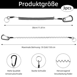 Foyods Pack of 3 spiral band keyring, outdoor spiral band, elastic fishing lanyards, black fishing band, fishing rod spiral band with clip, for fishing, keys, outdoor, bag