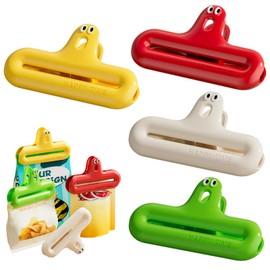 Getrays Bag Stopper Clips, Set of 4, Large, 4.7 inches (12 cm), Reusable Plastic, Funny Sealing Clips, 4 Colors, Triple Seal, Food Storage, Refrigerator Bags, Bag Sealing, Moisture Proof, Freshness