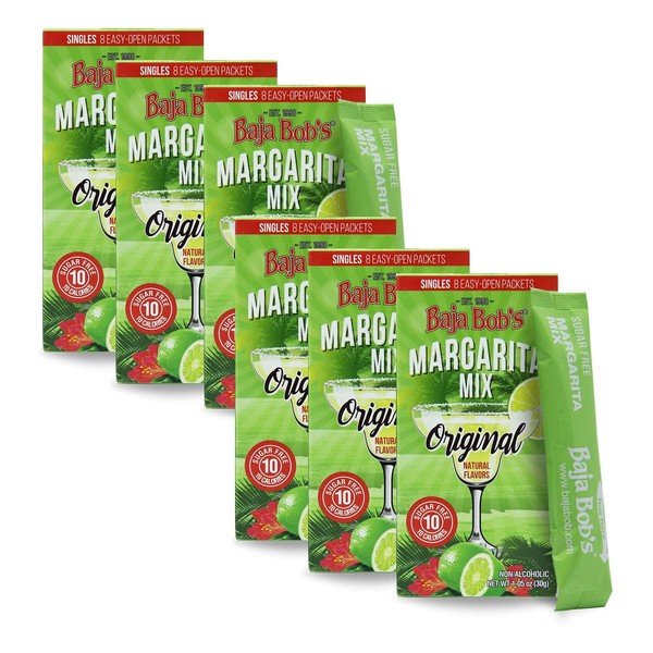 Baja Bob's Original Margarita Mix Singles (cada caja contiene 8 paquetes de una porción) sin azúcar, bajo en calorías, mezcla de cóctel delicado y delicado (paquete de 6 para 48 cócteles)