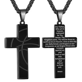 GLITTO Basketball Cross Necklace for Men Boys Kids Stainless Steel Pendant Chain Religious Christian First Communion Confirmation Lord's Prayer Jewelry Stuff Accessories Gift Christmas (Black)